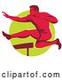 Vector Clip Art of Retro Red Male Track and Field Athlete Running and Leaping Hurdles over a Green Circle by Patrimonio