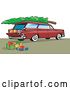Vector Clip Art of Retro Red Station Wagon with a Christmas Tree and Gifts by Patrimonio