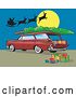 Vector Clip Art of Retro Red Station Wagon with a Christmas Tree Santa and Gifts by Patrimonio
