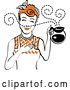 Vector Clip Art of Retro Redhead Waitress or Housewife Smelling the Aroma of Fresh Hot Coffee in a Pot by Andy Nortnik