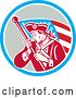 Vector Clip Art of Retro Revolutionary Soldier with an American Flag in a Blue White and Gray Circle by Patrimonio