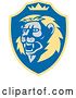 Vector Clip Art of Retro Roaring Lion Head and Crown in a Yellow and Blue Shield by Patrimonio