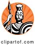 Vector Clip Art of Retro Roman Centurion Soldier with a Spear and Shield over Orange Rays by Patrimonio