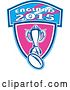 Vector Clip Art of Retro Rugby Ball and Trophy over a Pink and Blue England 2015 Shield by Patrimonio
