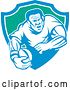 Vector Clip Art of Retro Rugby Union Player Running with a Ball in a Blue White and Green Shield by Patrimonio