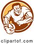Vector Clip Art of Retro Rugby Union Player Running with a Ball in a Brown White and Orange Circle by Patrimonio