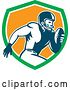 Vector Clip Art of Retro Running American Football Player in a Green White and Orange Shield by Patrimonio