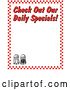 Vector Clip Art of Retro Salt and Pepper Shakers and Text Reading "Check out Our Daily Specials!" Borderd by Red Checkers by Andy Nortnik