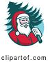 Vector Clip Art of Retro Santa Claus Carrying a Christmas Tree over His Shoulder in a Blue Circle by Patrimonio