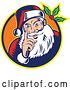 Vector Clip Art of Retro Santa Holding up a Finger in an Orange Circle with Holly by Patrimonio