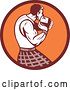 Vector Clip Art of Retro Scotsman Athlete Wearing a Kilt, Playing a Highland Weight Throwing Game in a Brown and Orange Circle by Patrimonio