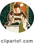 Vector Clip Art of Retro Seamstress Lady Sewing with a Machine by a Window in a Dark Green Oval by Patrimonio
