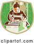 Vector Clip Art of Retro Seamstress Lady Sewing with a Machine by a Window in a Tan and Green Shield by Patrimonio