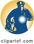 Vector Clip Art of Retro Security Guard with a Dog and Flashlight over Orange by Patrimonio