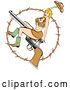 Vector Clip Art of Retro Sexy Blond Lady in a Short Halter Top and Short Mini Skirt, Wearing Cowboy Boots and Holding up Her Hat While Riding a Pistil, Surrounded by Barbed Wire Clipart Illustration by Andy Nortnik