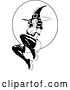 Vector Clip Art of Retro Sexy, Flirty, Young Witch in Tall Boots and a Pointy Hat, Her Bra Strap over Her Shoulder, Sitting in Front of a Full Moon by Lawrence Christmas Illustration