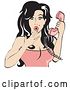 Vector Clip Art of Retro Sexy Surprised Brunette Lady Covering Her Mouth and Holdnig a Pink Telephone by Andy Nortnik
