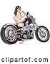 Vector Clip Art of Retro Sexy Topless Brunette Lady in a Red Thong, Stockings and Heels, Looking Back over Her Shoulder and Holding a Wrench While Sitting on a Motorcycle Clipart Illustration by Andy Nortnik