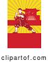 Vector Clip Art of Retro Shaolin Kung Fu Martial Artist in a Fighting Stance with Rays Copyspace and a Pagoda by Patrimonio