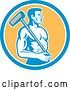 Vector Clip Art of Retro Shirtless Male Worker with a Sledgehammer in a Blue White and Yellow Circle by Patrimonio