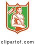 Vector Clip Art of Retro Shirtless Male Worker with a Sledgehammer in a Taupe Orange White and Green Shield by Patrimonio