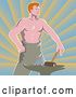 Vector Clip Art of Retro Shirtless Muscular Blacksmith with a Hammer and Anvil over Rays by Patrimonio