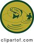 Vector Clip Art of Retro Silhoeutted Wading Fisher Man Reeling in a Jumping Trout in a Green Circle by Patrimonio