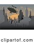 Vector Clip Art of Retro Silhouetted Airship over a Futuristic City at Sunset by Mheld