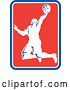Vector Clip Art of Retro Silhouetted Basketball Player Doing a Layup in a Blue White and Red Rectangle by Patrimonio