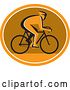 Vector Clip Art of Retro Silhouetted Cyclst in Profile Inside an Orange White and Brown Oval by Patrimonio