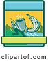 Vector Clip Art of Retro Silhouetted Guy Holding out a Coffee Mug and Reeling in a Hooked Salmon Fish in a Rectangle by Patrimonio