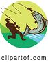 Vector Clip Art of Retro Silhouetted Guy Reeling in a Hooked Salmon Fish in a Circle with a River by Patrimonio