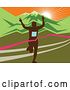 Vector Clip Art of Retro Silhouetted Male Marathon Runner Breaking Through the Finish Line Against a Mountainous Sunset by Patrimonio