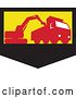 Vector Clip Art of Retro Silhouetted Mechanical Digger Excavator Loading a Dump Truck in a Black Yellow and Red Shield by Patrimonio