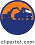 Vector Clip Art of Retro Silhouetted Mechanical Digger Excavator Loading a Dump Truck in a Blue and Orange Circle by Patrimonio