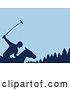 Vector Clip Art of Retro Silhouetted Polo Player on Horseback, Swinging a Mallet Against Evergreen Trees and Blue by Patrimonio