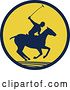 Vector Clip Art of Retro Silhouetted Polo Player on Horseback, Swinging a Mallet in a Navy Blue and Yellow Circle by Patrimonio