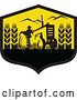 Vector Clip Art of Retro Silhouetted Wheat Farmer Operating a Tractor in a Black and Yellow Crest by Patrimonio