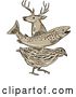 Vector Clip Art of Retro Sketch of a Deer Buck, Trout Fish and Quail by Patrimonio