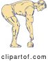 Vector Clip Art of Retro Sketched Bodybuilder in Profile, Bending over to Grab a Kettlebell by Patrimonio