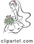 Vector Clip Art of Retro Sketched Bride with Pink Flowers in Her Hair and Bouquet by Vector Tradition SM