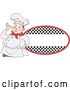 Vector Clip Art of Retro Sketched Chubby White Male Chef Touching the Tip of His Mustache by a Checkered Oval Label by BNP Design Studio