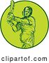 Vector Clip Art of Retro Sketched Cricket Batsman Swinging a Bat in a Green Circle by Patrimonio