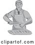 Vector Clip Art of Retro Sketched Grayscale Butcher Sharpening a Knife over a Cut of Meat by Patrimonio