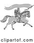 Vector Clip Art of Retro Sketched Grayscale Horseback Knight Holding a Lance, Shield and Flag by Patrimonio