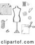 Vector Clip Art of Retro Sketched Mannequin, Scissors, Safety Pin, Needle, Threads, Buttons, Thimble, Fabric and Paper Drawing by Vector Tradition SM