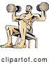 Vector Clip Art of Retro Sketched or Engraved Bodybuilder Sitting on a Bench and Doing Shoulder Presses with Dumbbells by Patrimonio