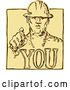 Vector Clip Art of Retro Sketched or Engraved Construction Worker Pointing over You Text by Patrimonio