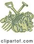 Vector Clip Art of Retro Sketched or Engraved Crossed Spade and Pitchfork over Green Harvest Produce by Patrimonio