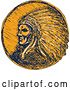 Vector Clip Art of Retro Sketched or Engraved Native American Indian Chief Wearing a Feather Headdress in Navy Blue and Orange by Patrimonio